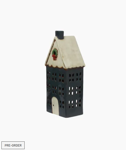 Christmas Tea Light House Blue with Wreath Large