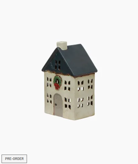 Christmas Tea Light House Blue with Wreath Small