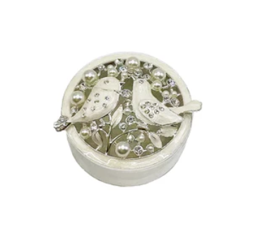 Round Trinket Box with Birds & Pearls